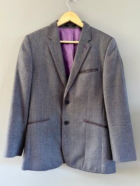 Ted Baker Pashion Gray Herringbone Blazer Size 36R Purple Floral Lining Portugal